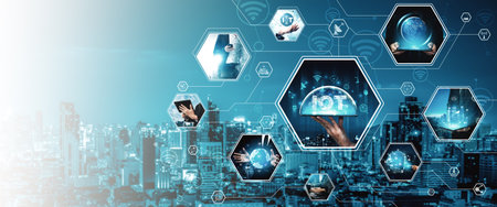 Communication technology , smart connection IOT and people network technology concept. People using...
