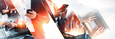 Communication technology , smart connection IOT and people network technology concept. People using connective device to connect to the secured internet network and cloud computing server vexelの写真素材