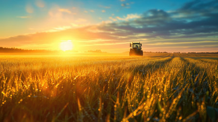 An early morning farmers field, dew on crops, sunrise casting a golden glow, tranquil and fertile landscape. Resplendent.の素材