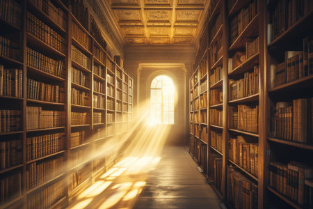 Majestic rays of sunlight beam through a stained glass window, illuminating the dusty shelves of ancient books in a historic library. Resplendent.の素材