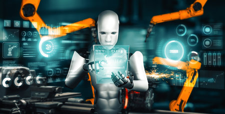 XAI Mechanized industry robot and robotic arms for assembly in factory production. Concept of artificial intelligence for industrial revolution and automation manufacturing process.の写真素材