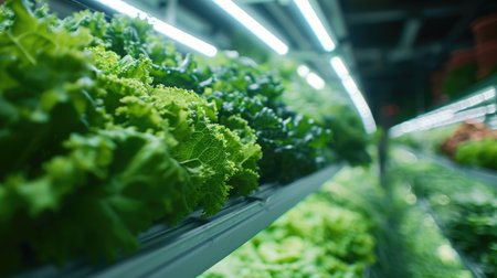 A close-up of indoor vertical farm growing in a greenhouse under artificial lights, mimicking the natural environment for terrestrial plants. AIG41の素材