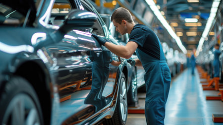 A man is busy working on a car in a factory, inspecting tires, wheels, and automotive lighting for the vehicles assembly. AIG41の素材