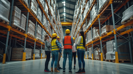 A team of warehouse workers in safety vests engage in a group discussion in a large modern logistics center. AIG41の素材