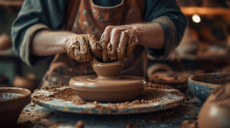 Close-up of an artisans hands skillfully shaping wet clay on a spinning pottery wheel, surrounded by tools and unfinished pieces. Resplendent.の素材