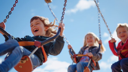 A joyful event of leisure and fun as a group of children travel through the sky on electric blue swings, happily sharing the experience in the clouds. AIG41の素材