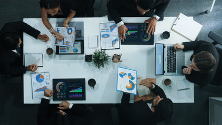 Time lapse of diverse marketing team prepare for business meeting. Top down aerial view of...