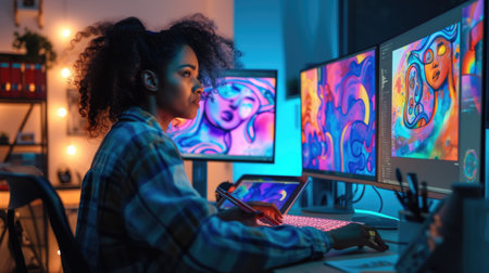 A creative professional is deeply focused on editing visual media on a computer, surrounded by a vibrant and artistic workspace. AIG41の素材