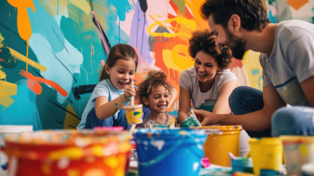 A happy family sharing a fun leisure event, sitting on the floor in front of a colorful wall, with smiles and laughter filling the room. AIG41の素材