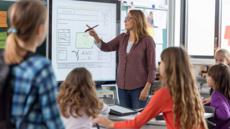 The teacher is presenting to a classroom of children, building knowledge and sharing educational insights. AIG41の素材