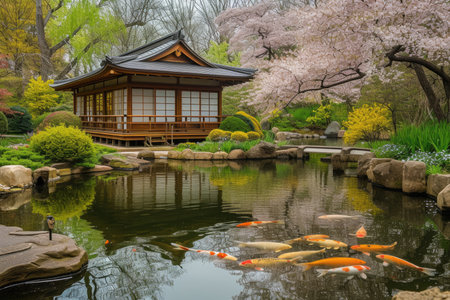 The warm sunset glow reflects on the tranquil waters of a koi pond by a traditional Japanese pavilion, surrounded by the soft pink hues of cherry blossoms. Resplendent.の素材