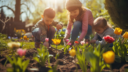 A boy and a girl happily picking flowers in a natural environment, sharing a joyful moment amidst the plant-filled garden. AIG41の素材