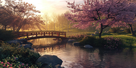 A serene Zen garden at sunrise, with a gently flowing stream, cherry blossoms in full bloom, and a quaint wooden bridge. Resplendent.の素材