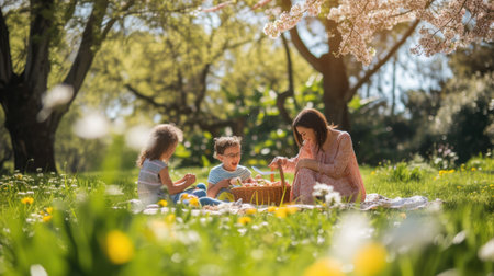 A happy family enjoys leisure and recreation in natures beautiful landscape, surrounded by trees, flowers, and plants in the park. AIG41の素材