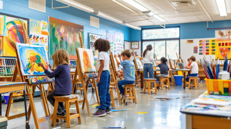 A young girl paints on an easel in an art class, surrounded by her peers, fostering creativity and artistic expression. AIG41の素材