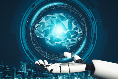 XAI 3D rendering futuristic droid robot technology development, artificial intelligence AI, and machine learning concept. Global robotic bionic science research for future of human life.の写真素材