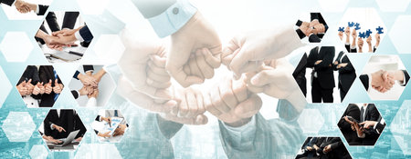 Teamwork and human resources HR management technology concept in corporate business with people group networking to support partnership, trust, teamwork and unity of coworkers in office vexelの写真素材