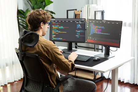 Working IT developer with stressful overworked in creating online software development coding on pc...