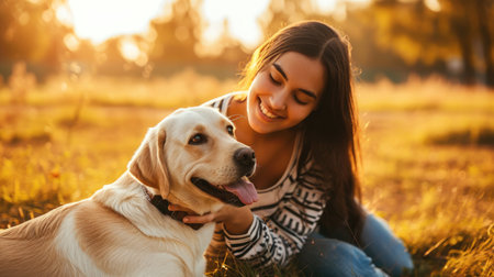 playful dog and its owner in nature outdoor , healthy lifestyle pragmaの素材