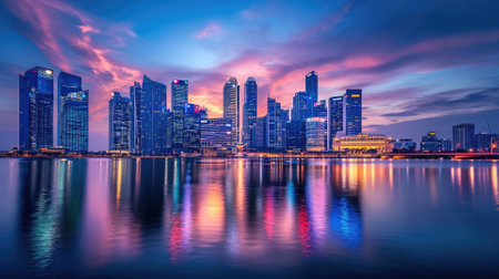 An evening cityscape with dramatic clouds, illuminated skyscrapers, reflecting lights on water, showcasing urban beauty and architecture. Resplendent.の素材
