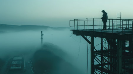 A construction worker stands on an elevated platform, overseeing a foggy industrial site, ensuring safety and project progress. AIG41の素材
