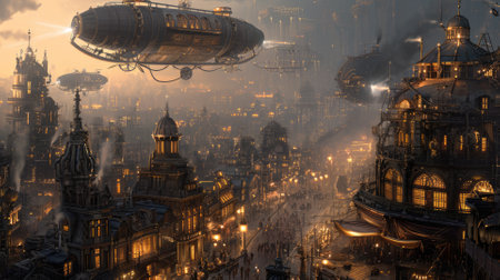 A fleet of steampunk airships hovers above a Victorian-inspired cityscape, enveloped in a golden mist at dawn. Resplendent.の素材