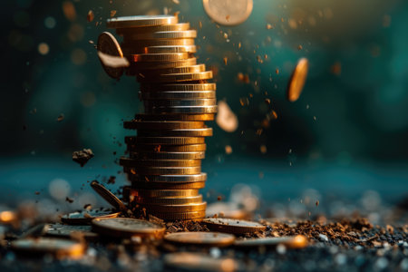 Economic downturn, debt crisis and market crash concept shown by shattering coins AIG41の素材