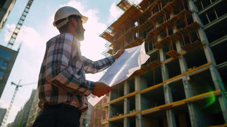 A construction worker wearing a hard hat points at a building while holding a blueprint on a construction site. AIG41の素材