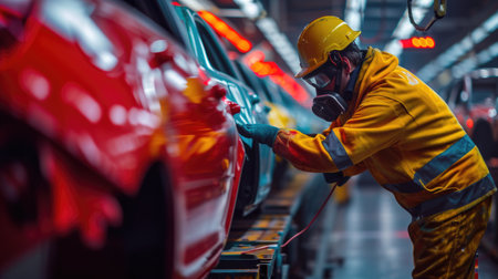 A man is working on a car in a factory, focusing on tires, wheels, automotive lighting, and design. AIG41の素材