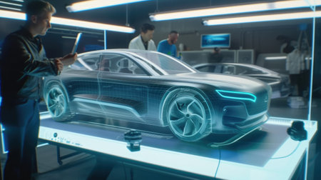 A futuristic car design is presented in a virtual showroom, illuminated by neon lights and showcasing the latest in automotive technology. AIG41の素材
