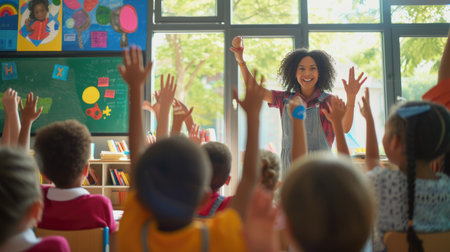 A joyful crowd of children in a classroom eagerly raise their hands, ready to share their answers, creating a lively and engaging community of learners. AIG41の素材