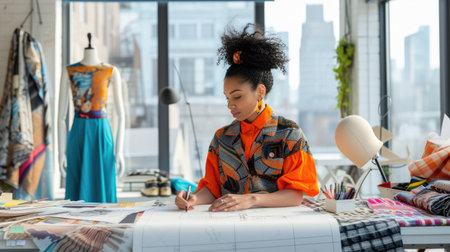 A focused fashion designer sketches new designs in a bright studio, surrounded by vibrant fabric samples and elegant mannequins. AIG41の素材