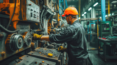 An engineer in workwear and helmet is operating a machine in a factory, engaged in mass production of composite materials with the use of gas and metal. AIG41の素材