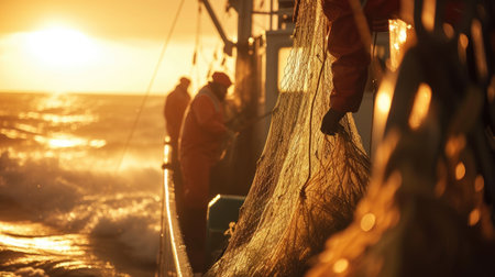 A group of fishermen enjoying the sunset while standing on a boat in the middle of the ocean, surrounded by water and the vast sky above. AIG41の素材