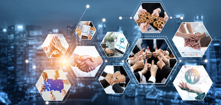 Teamwork and human resources HR management technology concept in corporate business with people...