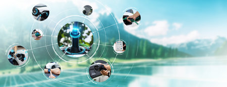 EV electric car vehicle charging and sustainable LCA green energy technology presented in panoramic...