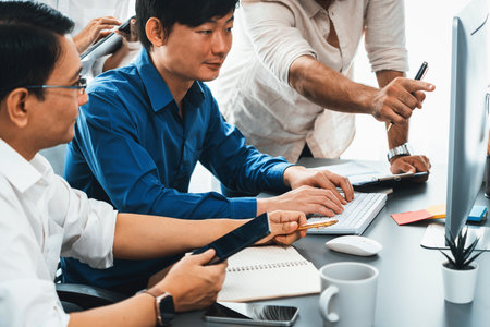 Group of diverse office worker employee working together on strategic business marketing planning in corporate office room. Positive teamwork in business workplace concept. Prudentの写真素材
