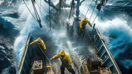 A rugged fishing boat cuts through turbulent ocean waves under a dramatic overcast sky, showcasing the resilience of maritime workers. AIG41の素材