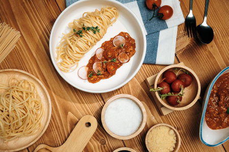 Delicious foods special menu homemade preparing station spaghetti with minced meat top tomato sauce and basil shooting placing elements serving with chef table surround decorative spices. Postulate.の写真素材