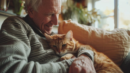 happy people at home with favorite pet , love and friendship of human and animal pragmaの素材