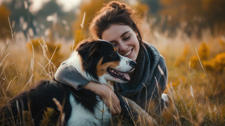 playful dog and its owner in nature outdoor , healthy lifestyle pragmaの素材