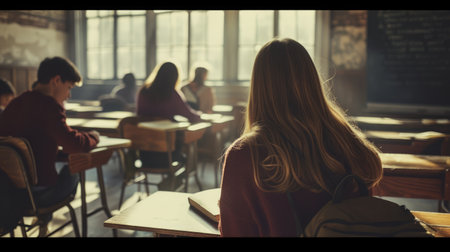 Vintage-style classroom with students focused on a teacher giving a lecture in front of a chalkboard. AIG41の素材