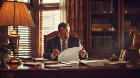 A focused executive evaluates paperwork in the prestigious setting of a wood-paneled office, reflecting professionalism and determination. AIG41の素材