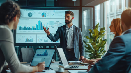 A man is presenting laptop news on real estate to white-collar workers in a conference room, sharing building plans and gesturing to the computer. AIG41の素材