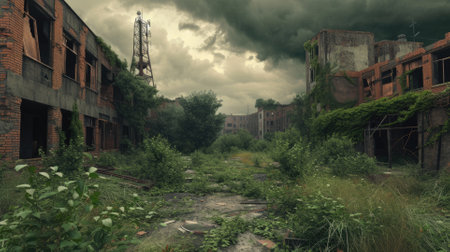 A fiery sunset looms over the ruins of an abandoned industrial factory, where nature slowly encroaches upon man-made structures. Resplendent.の素材