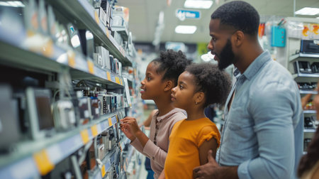 A family is exploring books at a library, having fun and browsing through various genres. They discuss different patterns, travel, and art concepts. AIG41の素材