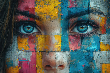 close up face of woman eye portrait with abstract painting on the face comelinessの素材