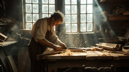 An experienced artisan carefully shapes wooden elements, demonstrating the art of fine woodworking in his cluttered workshop. AIG41の素材
