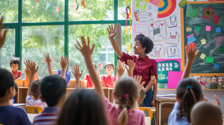 A joyful crowd of children in a classroom eagerly raise their hands, ready to share their answers, creating a lively and engaging community of learners. AIG41の素材
