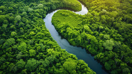 Overhead shot of a winding river cutting through a dense, vibrant green forest, highlighting natures intricate patterns. aerial view. Resplendent.の素材